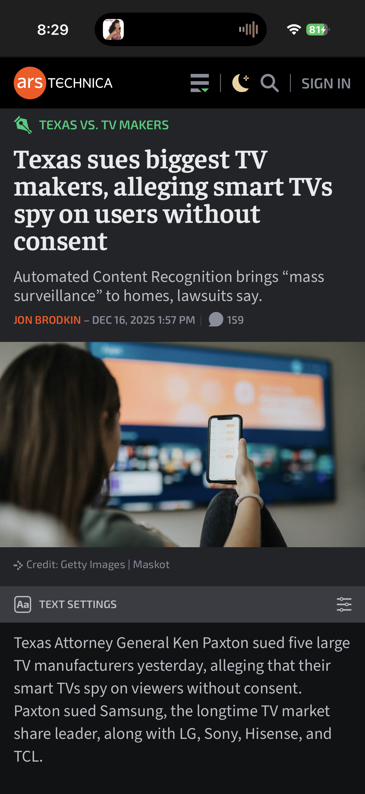 Ars Technica smart TV spying article